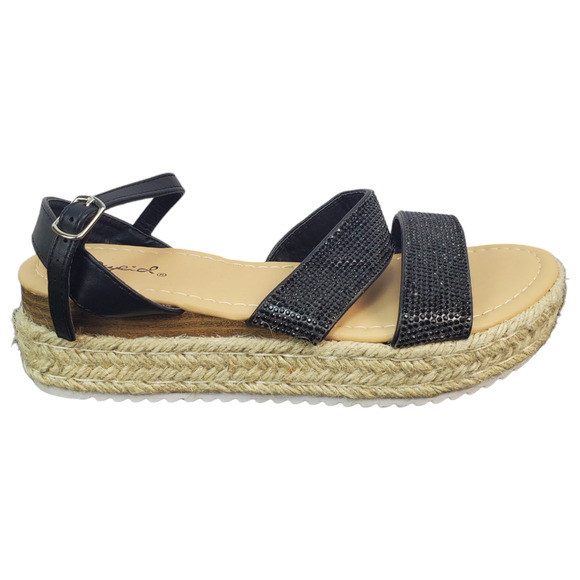 Qupid Daylen Wedge Espadrille Black‎ Tan Sandal Round Toe Straps Womens Size 6 - Picture 1 of 15